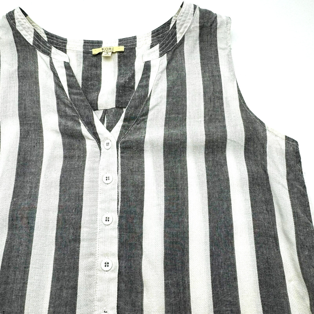 KORI AMERICA Women's Small Gray White Striped Tunic Tank Top Lagenlook Beachy